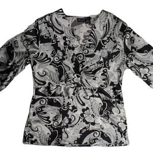 willi smith womens black white gray flower pattern v-neck blouse medium